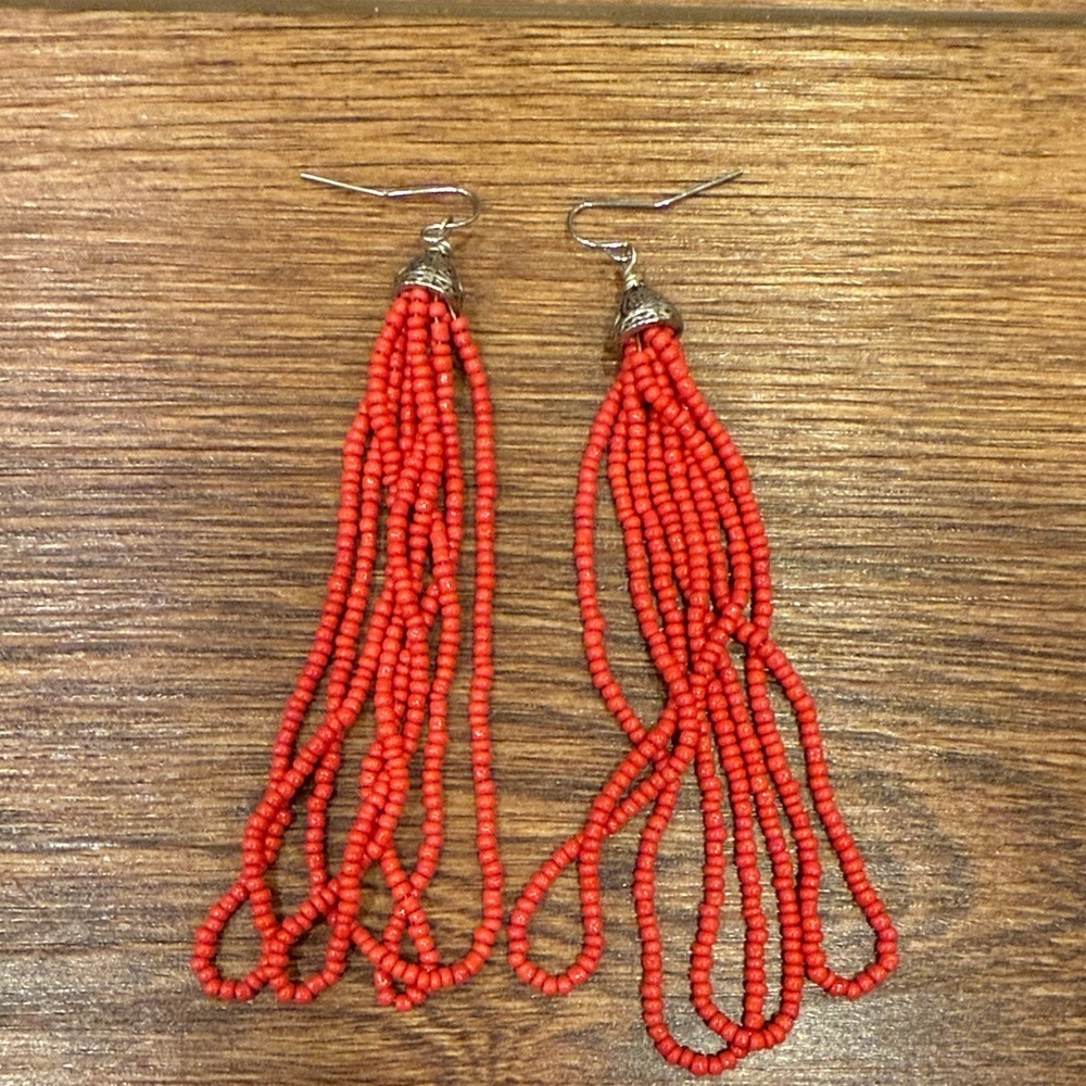 Elegant Red Beaded Tassel Earrings